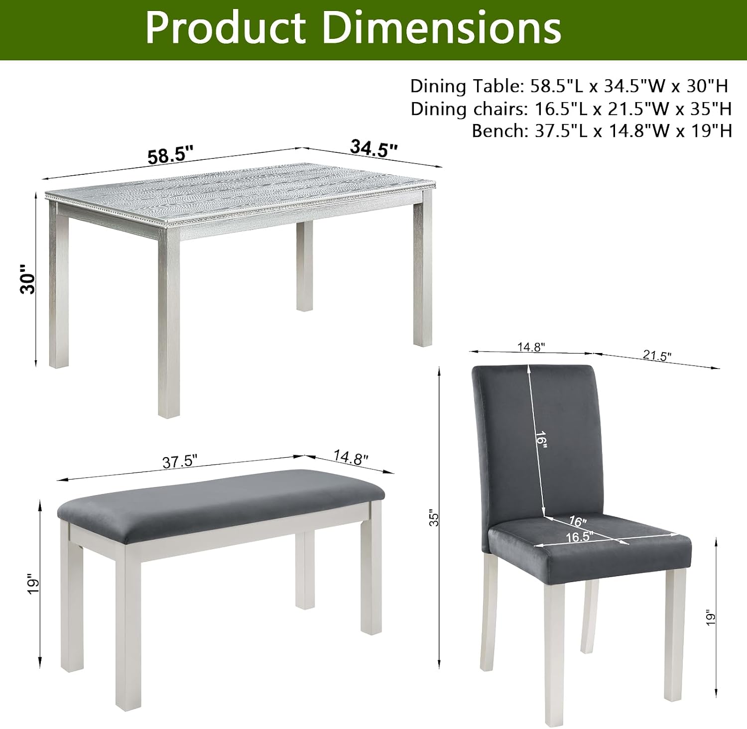 LUMISOL 6 Piece Wooden Dining Table Set, Rectangular Kitchen Table Set with 4 Upholstered Chairs and Bench for 6 People, Sliver Grey