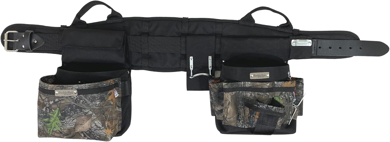 BOULDER BAG Ultimate Electrician's MAX Combo with Comfort Back Support Tool Belt, Leather Belt Buckle, Heavy Duty Tool Belt, Camo - Backwoods, (3X-Large 49-56 Inch Waist), Made in USA