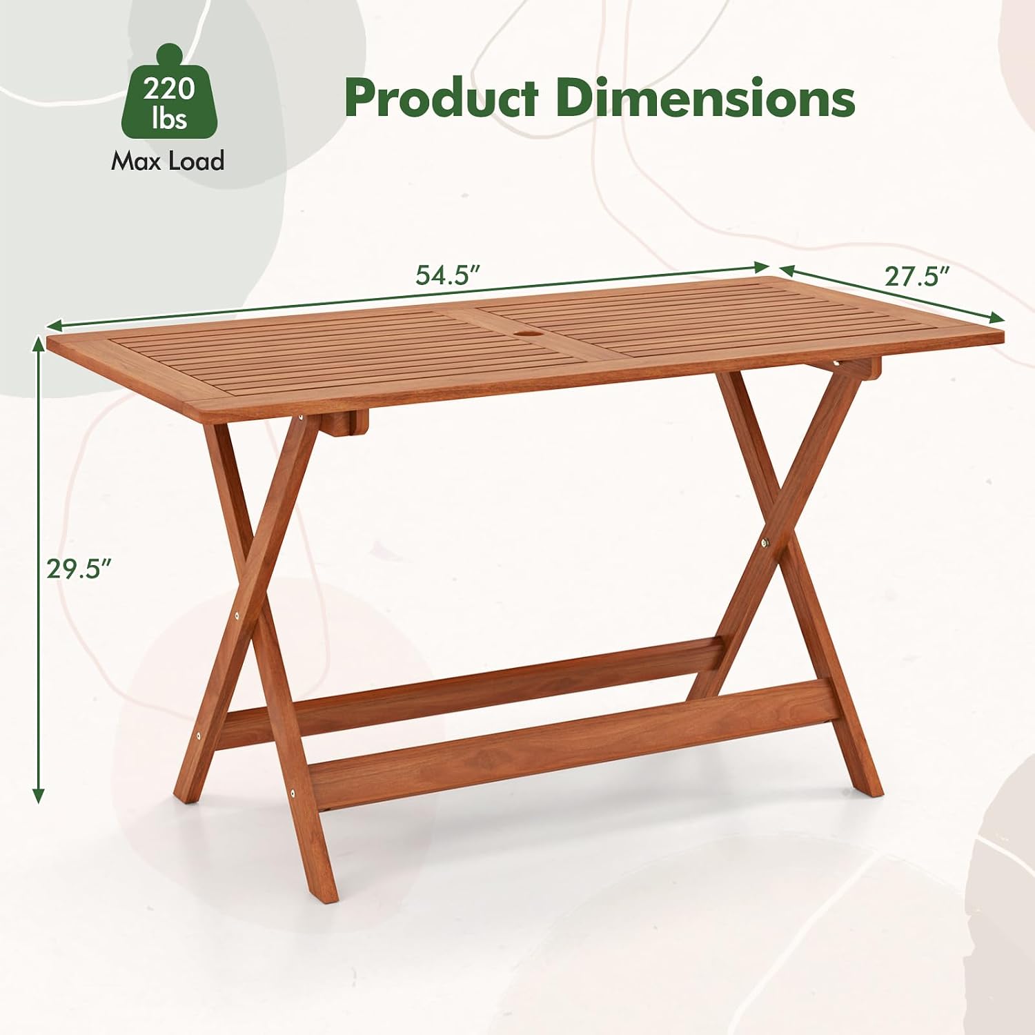 Tangkula 54.5-Inch Patio Dining Table, Solid Wood Outdoor Table with Teak Painting & 2' Umbrella Hole, Rectangular Outside Dining Table for Balcony, Deck, Porch, Backyard