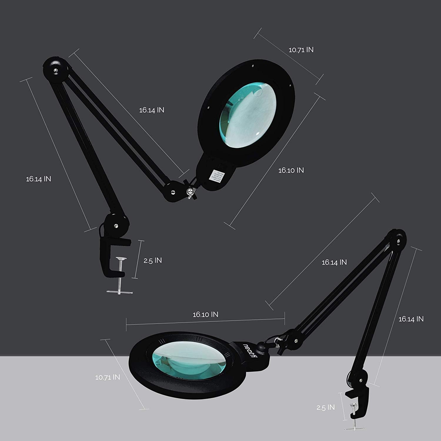 Neatfi 7' XL Bifocals 1,600 Lumens Super LED Magnifier Lamp (Black) Bundle Floor Stand with 6 Wheels Rolling Base (Black)