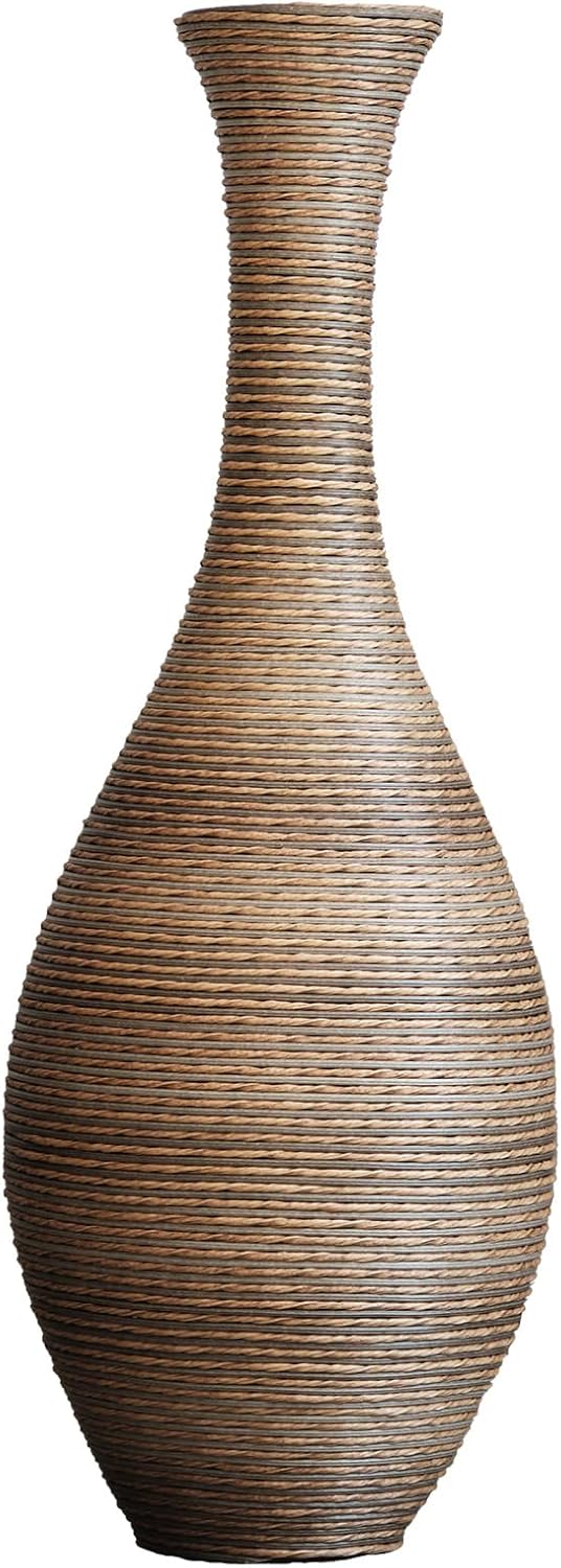 40' Tall Large Rattan Standing Floor Vase Modern Decorative Accent Flower Holder Floor Vase for Living Room Entryway Dining Room Stylish Home Décor Statement Piece (Beige+Grey)