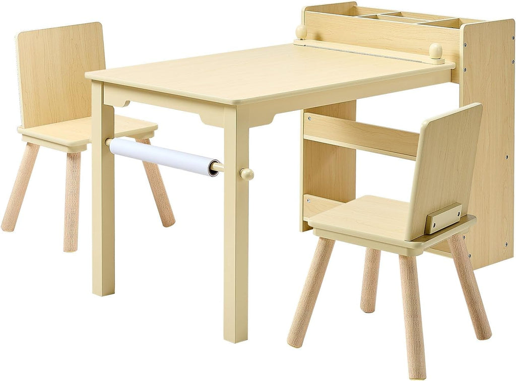 VEVOR Kids Art Table and Chair Set, Toddler Activity Table with Storage, Wood Kids Craft Desk with Paper Roll for Drawing, Reading, Writing, Kid Play Table for Nursery, Playroom, Classroom, Natural
