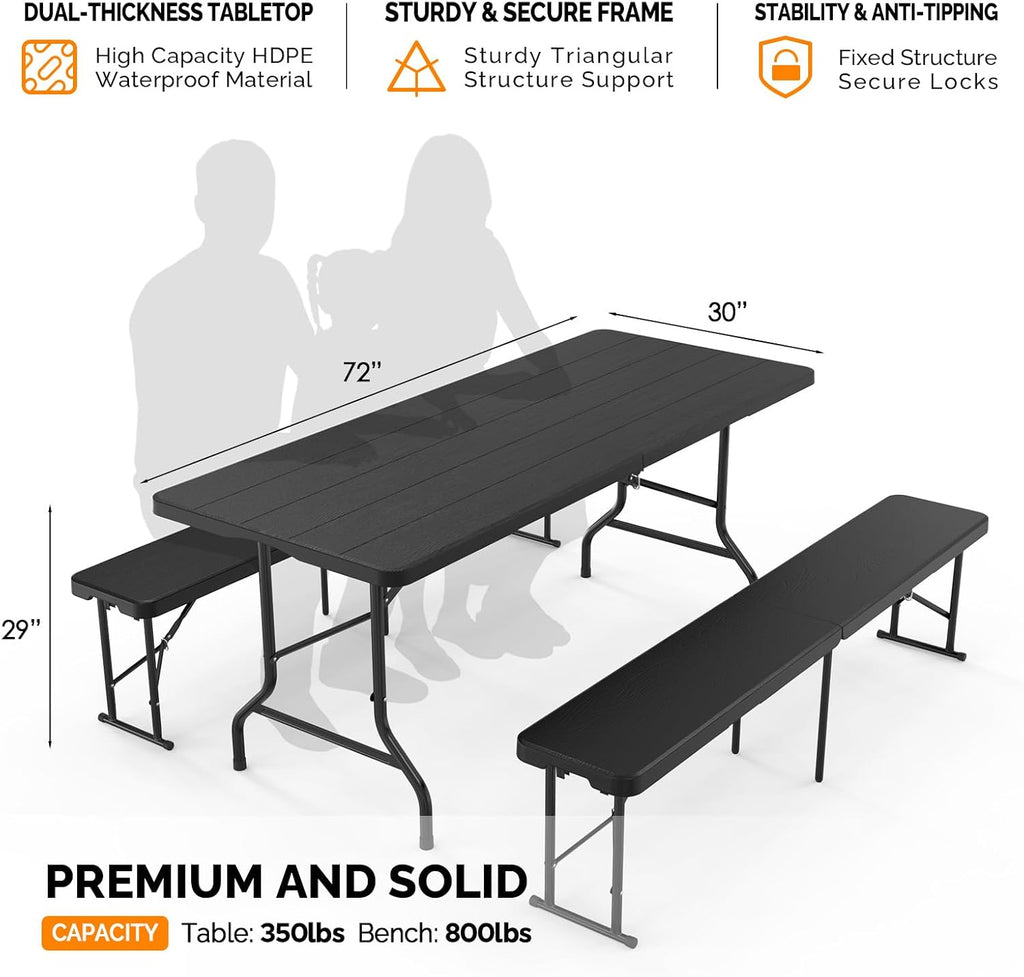 Bonnlo Black Folding Picnic Table Set with 2 Benches, 6 Feet Camping Table Chair Set, Modern Portable 3-Piece Furniture for Indoor/Outdoor Use, White Folding Picnic Table with Smooth Tabletop