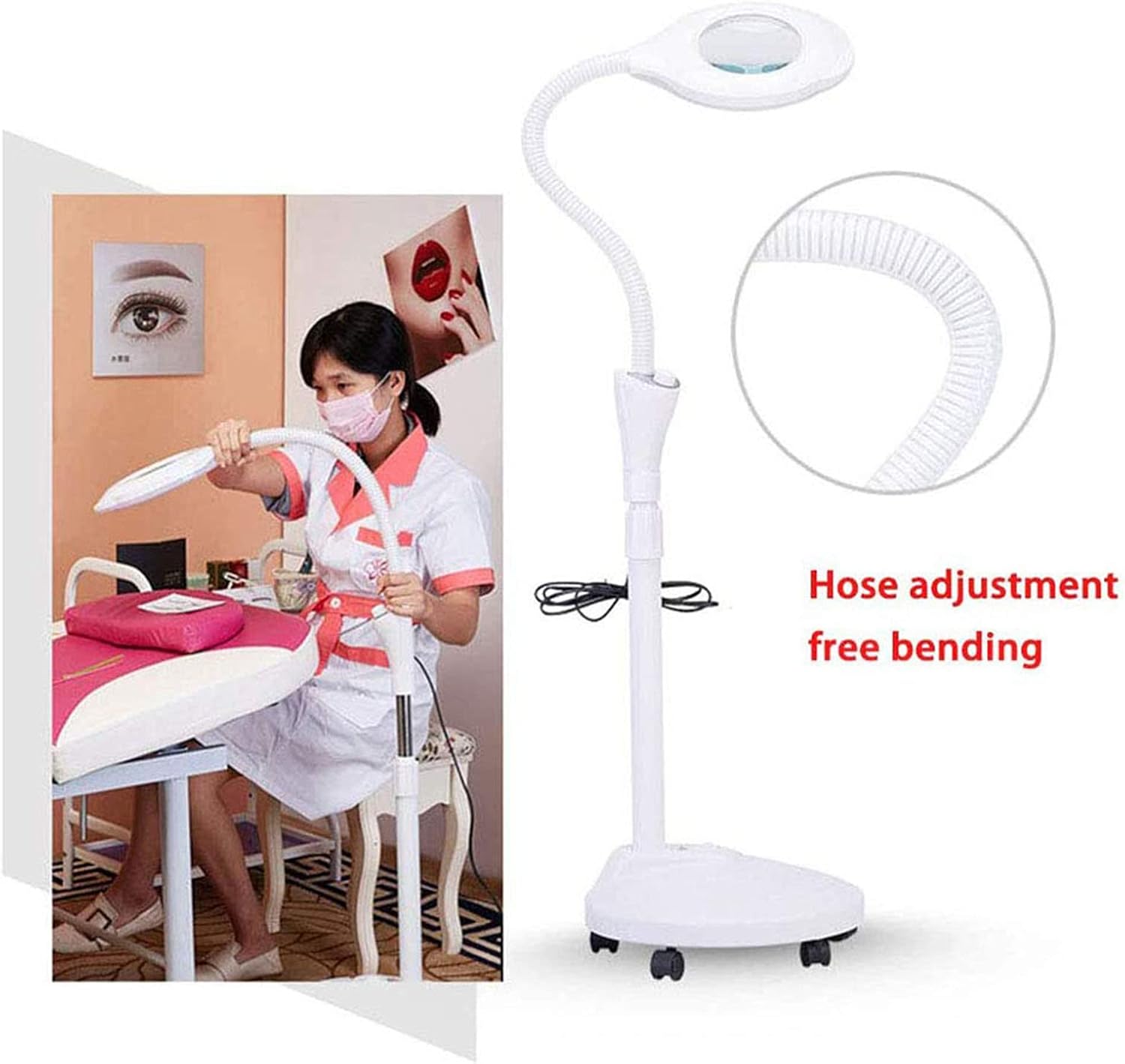 Magnifying Glass,LED Floor Standing Magnifying Lamp, Lamp, with Rolling Floor Stand Magnifier Floor Cold Light Magnifier for Embroidery Adjustable Arm Adjustable Beauty Salon