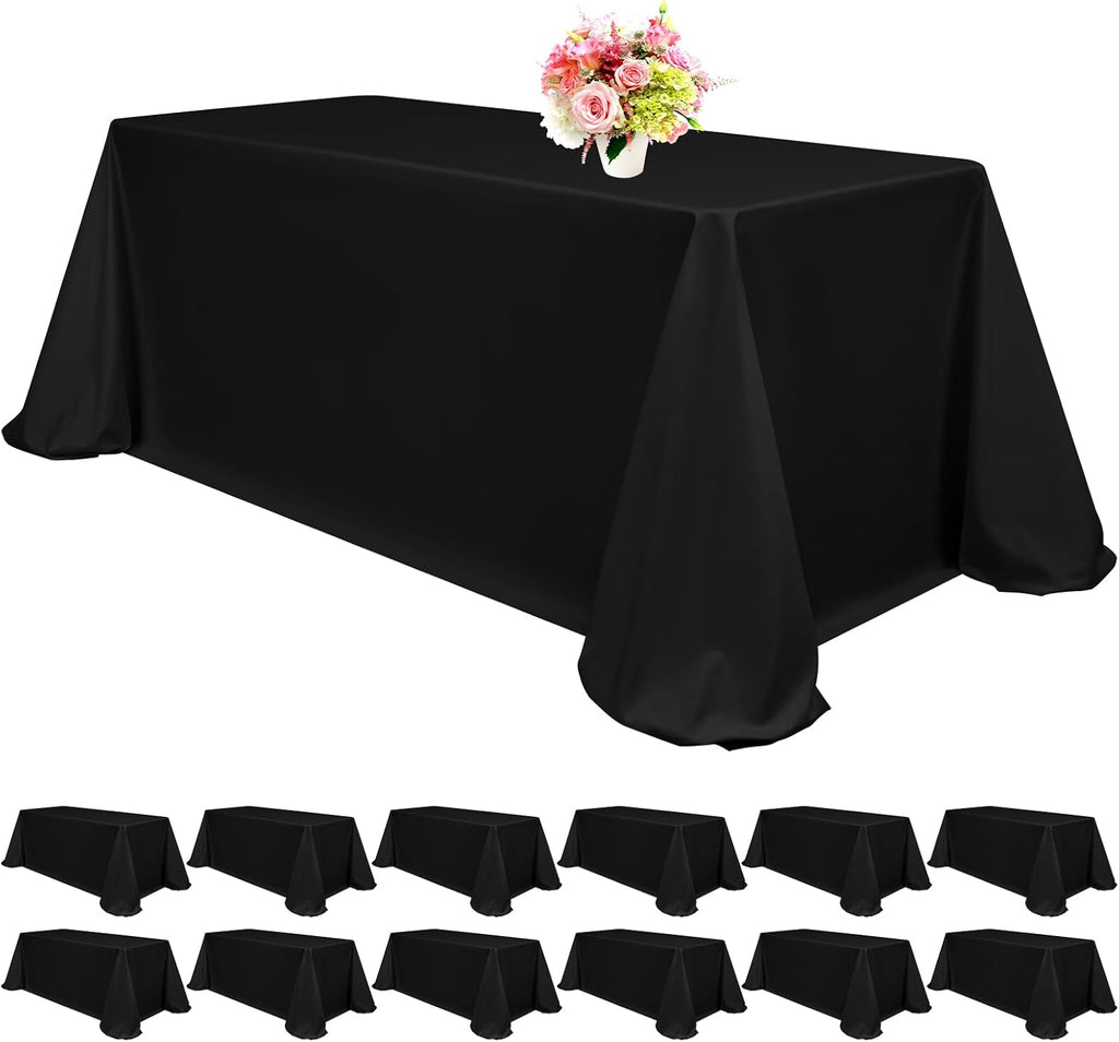 12 Pack Black Tablecloths for 8ft Rectangle Tables 90 x 156 Inch - Polyester Table Cover Stain and Wrinkle Resistant Washable Fabric Table Clothes for Wedding Party Banquet Reception Restaurant