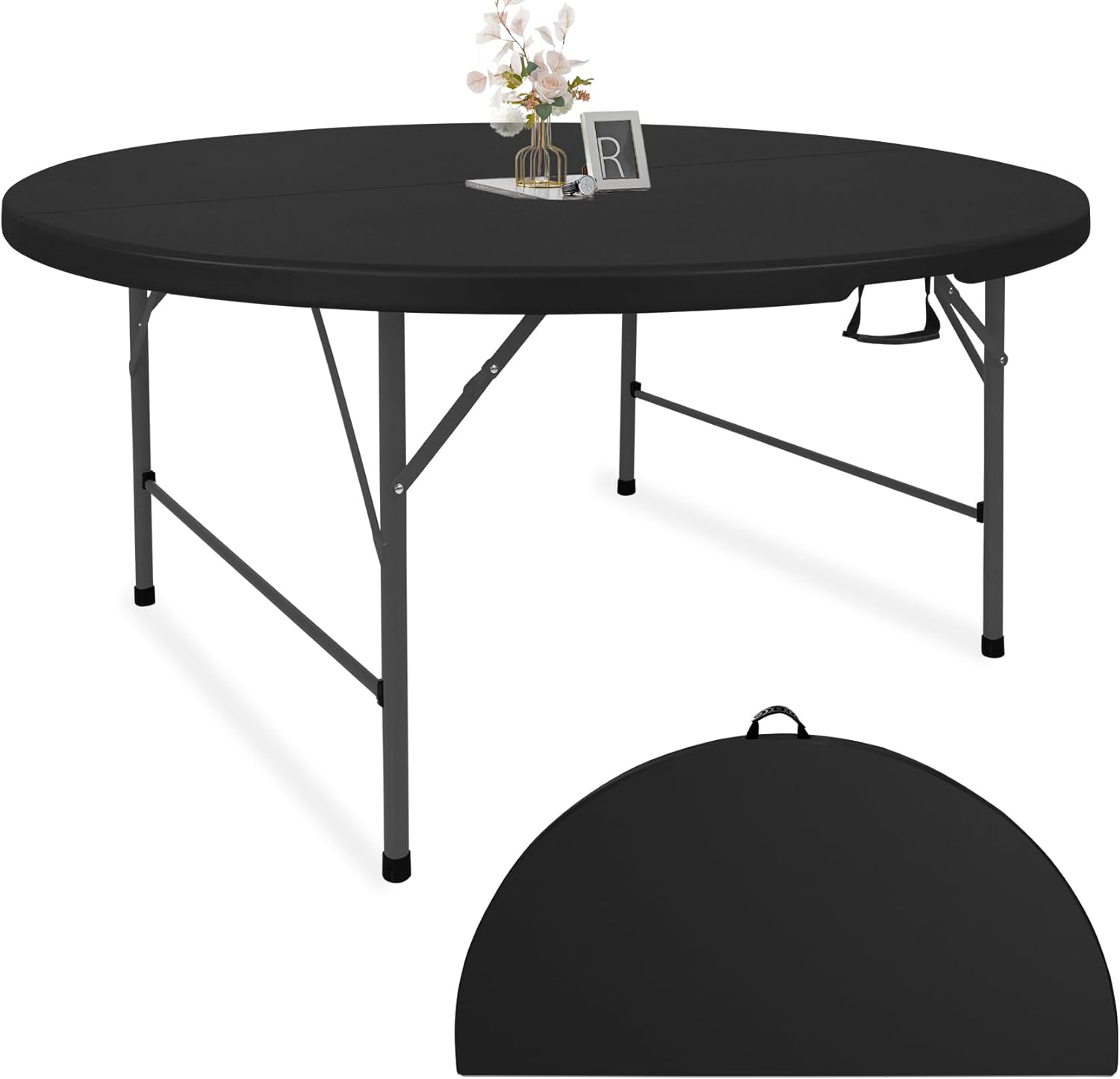 Fivenl 5 FT Round Folding Tables Black Foldable Table, Fold-in-Half with Carrying Handle Portable Plastic Table for Party, Dining, Wedding, Camping, Picnic, Indoor Outdoor Events (Black)