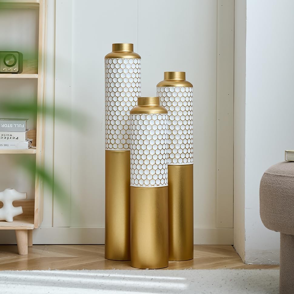 Floor Metal Decorated Vases Set of 3 for Gorgeous Home Decoration Large Glazed Metal Vases (Gold+White)