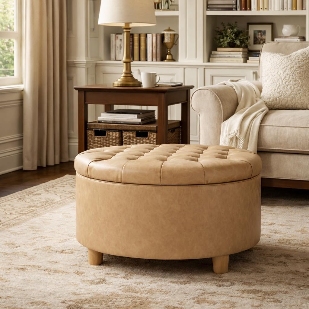 HomePop Home Decor | Button Round Storage Ottoman | Ottoman with Storage for Living Room & Bedroom, Light Camel Faux Leather