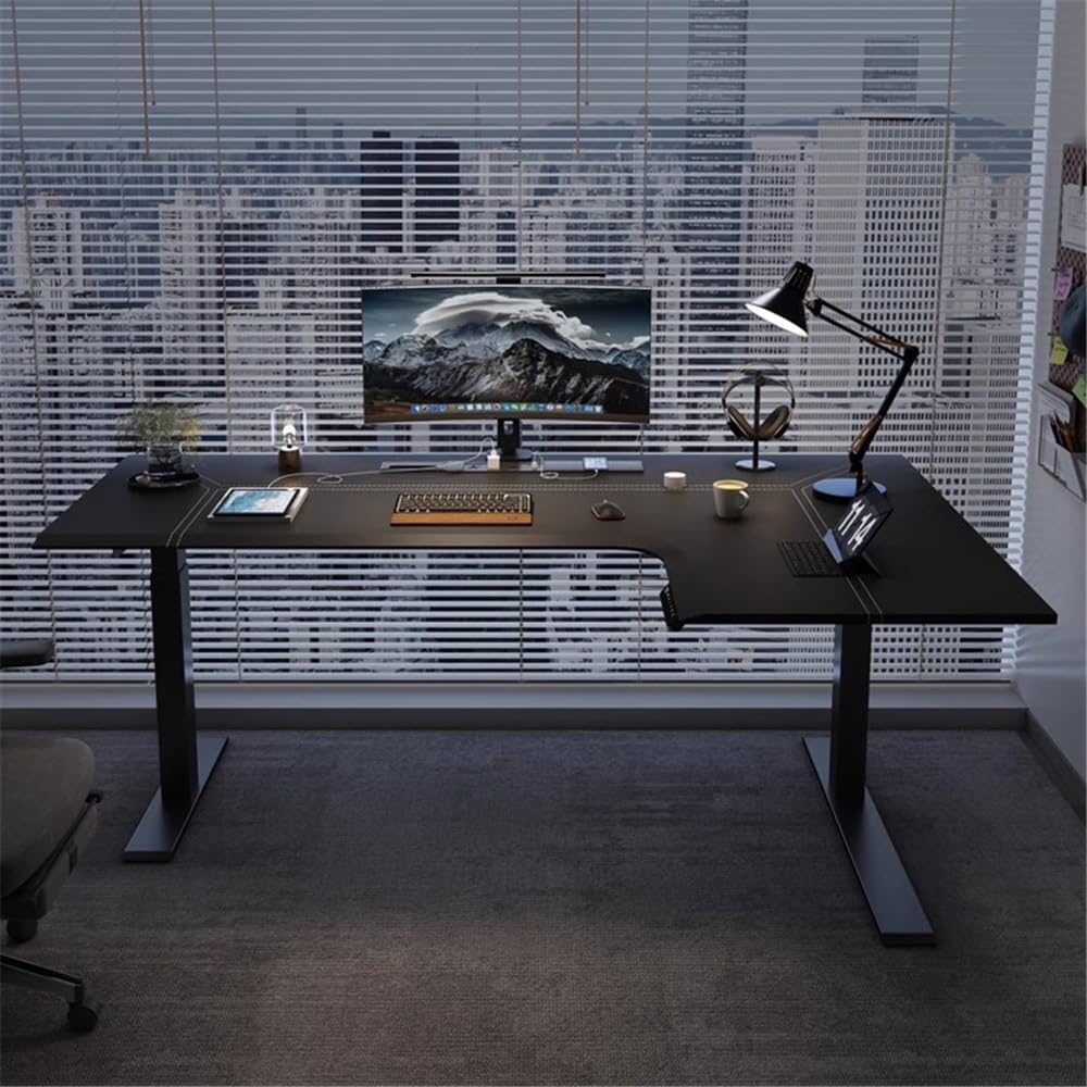 Home Adjustable Height L-Shaped Leather PC Desk, Electric Corner Standing, Sit Stand Workstation with Charging Outlets Office(S)
