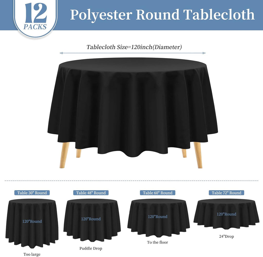 Pesonlook 12 Pack Round Tablecloth 120inch-Black Polyester Washable Fabric Round Table Cover Black Tablecloth for Wedding/Party/Banquet/Dining/Buffet Table(Black/120 Inch)