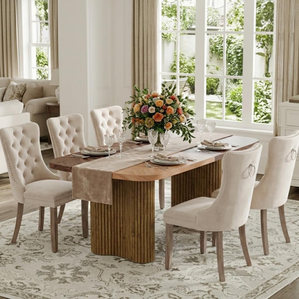 79' Dining Room Table Set for 6,Large Dining Table Set for 6 with Velvet Chairs,Rectangular Modern Mid-Century Wood Dining Room Table Set for 6,Ideal for Dining & Gatherings