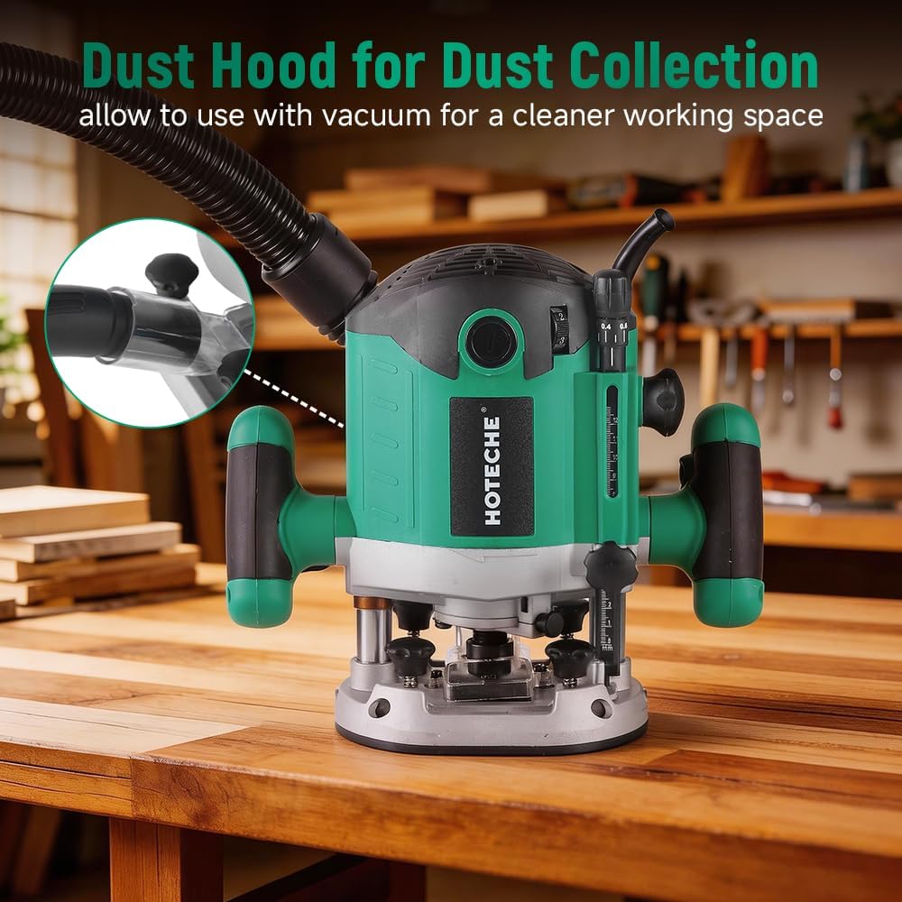 Hoteche 2100W Wood Router, 8000-23500RPM, 0-55MM Depth, 1/2' Collet, Aluminum Base with Complete Accessories