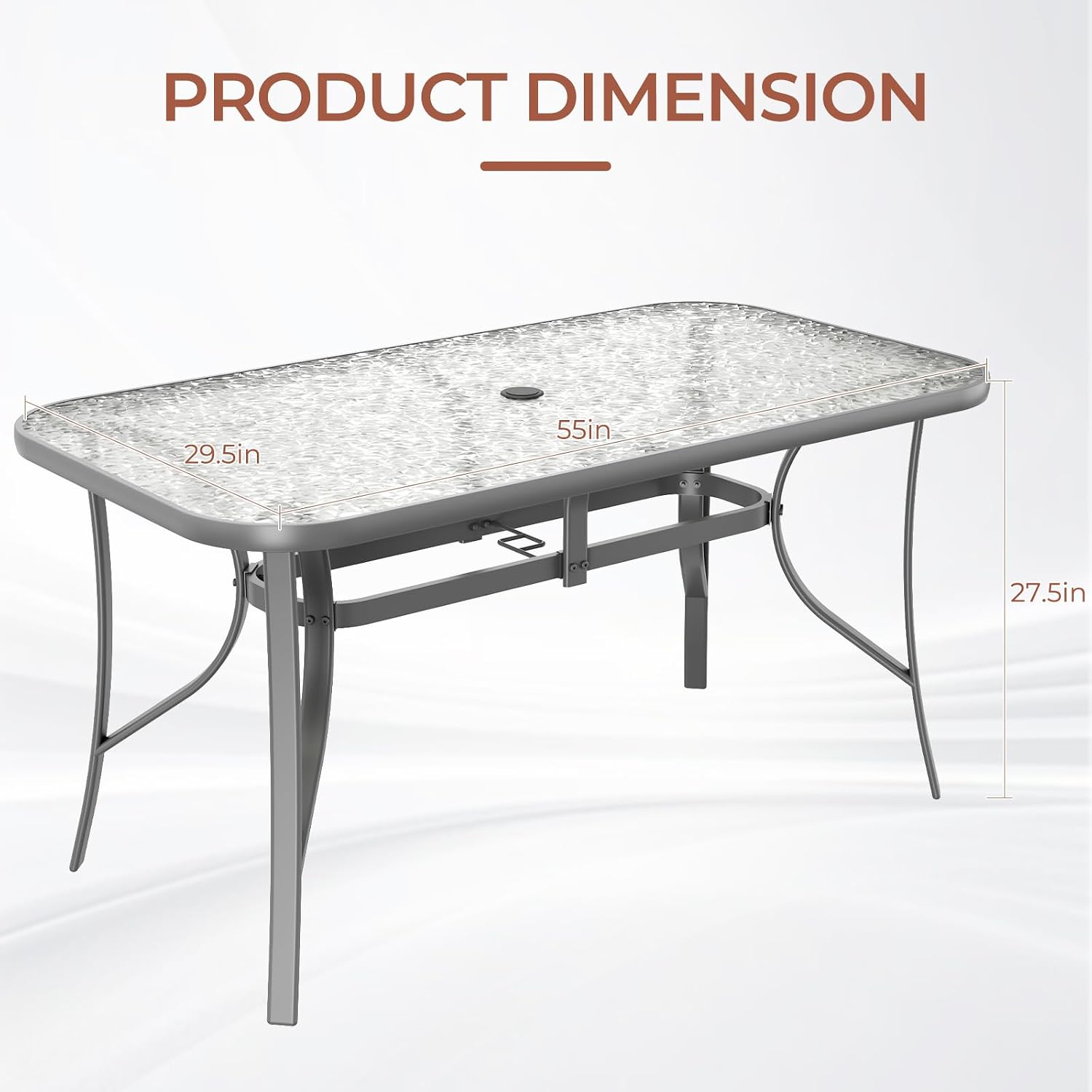 TLSUNNY Patio Outdoor Table W/ 1.69″ Umbrella Hole, 30'X 55' Rectangular Tempered Glass Patio Dining Table for 6, Outdoor Metal Furniture, All-Weather Use, for Patio, Graden, Backyard (Grey)