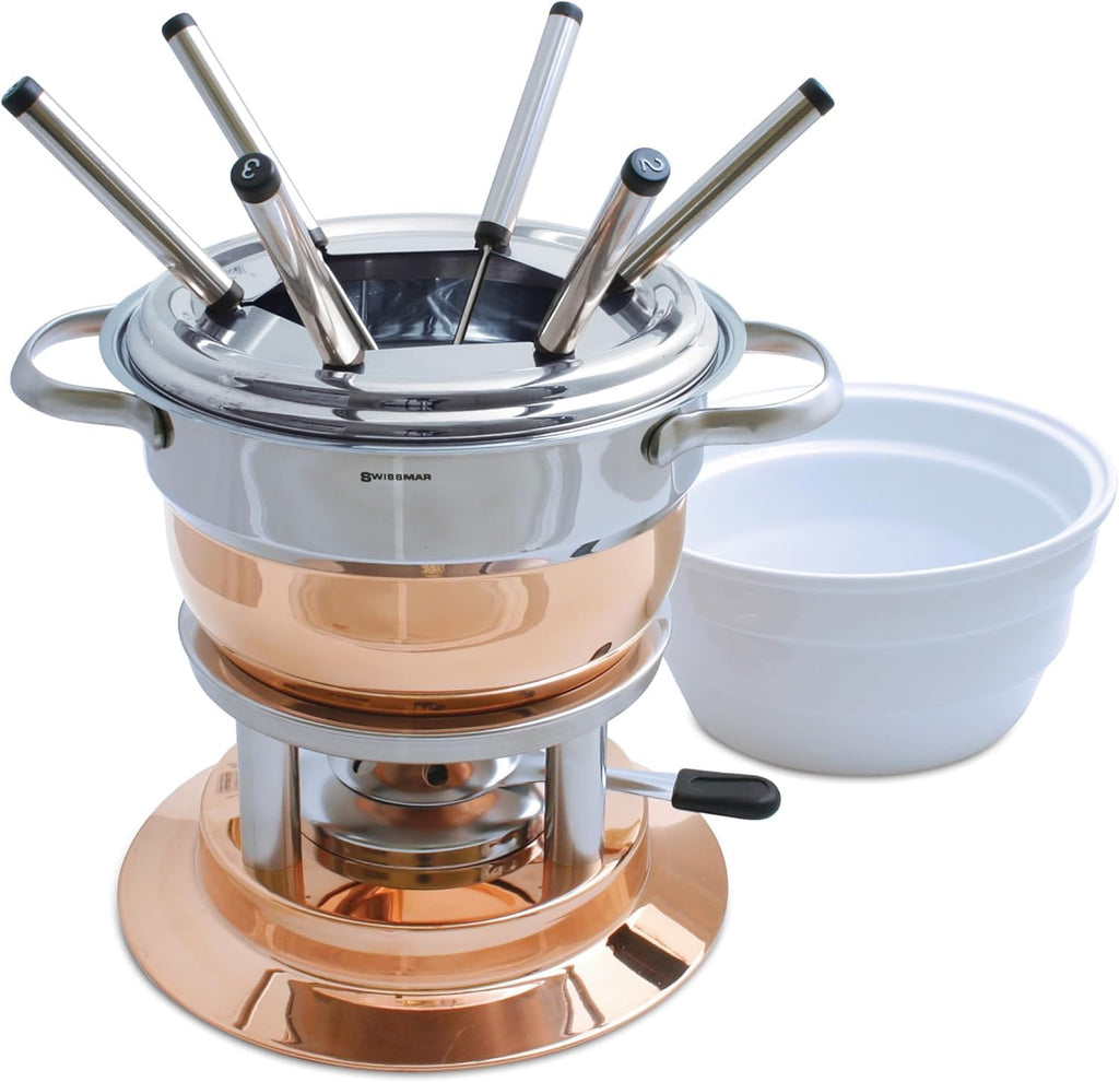 Swissmar Lausanne 11-Piece Copper Plated Fondue Set - Ideal for Cheese & Chocolate Fondue, Oil & Broth Cooking - Perfect for Kitchen Collection & Wedding Gifts - 1.8 Liter / 1.9 Quarts