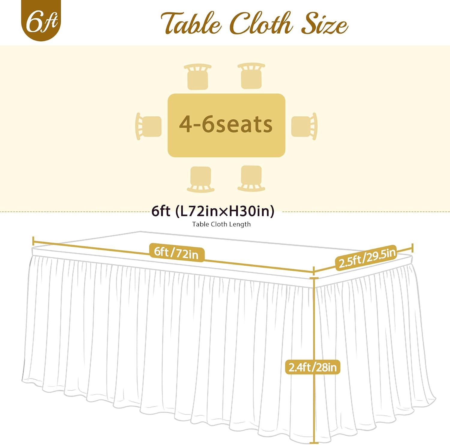 6 Pack 6ft Ivory Tulle Tablecloths for Rectangle Tables 6 Foot Ivory Rectangular Table Cloth Wrinkle Free Tablecover with Tutu Skirt for Wedding Baby Shower Birthday Party Banquet Buffet Cake