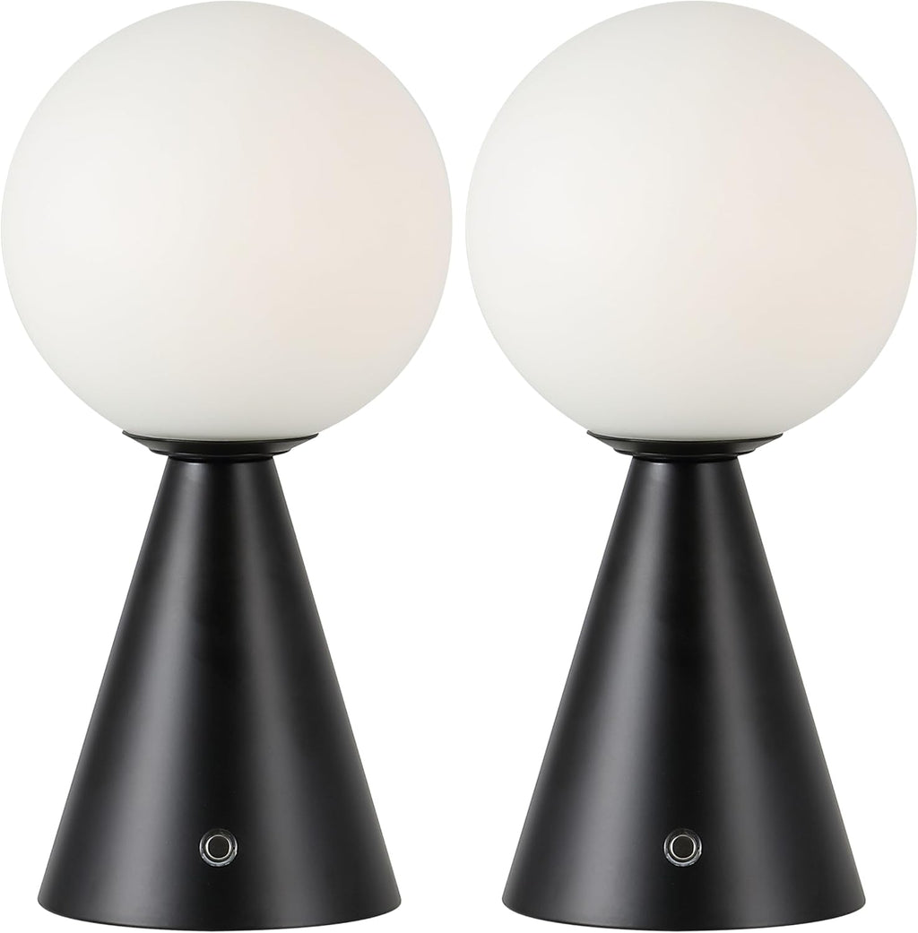 JONATHAN Y 11.75' Black Macie Modern Globe Cordless Table Lamp Set of 2, Rechargeable Dimmable Integrated LED Touch Sensor Bedside Lamp, White Frosted Glass Shade (JYL7159B-SET2)