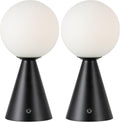 JONATHAN Y 11.75' Black Macie Modern Globe Cordless Table Lamp Set of 2, Rechargeable Dimmable Integrated LED Touch Sensor Bedside Lamp, White Frosted Glass Shade (JYL7159B-SET2)