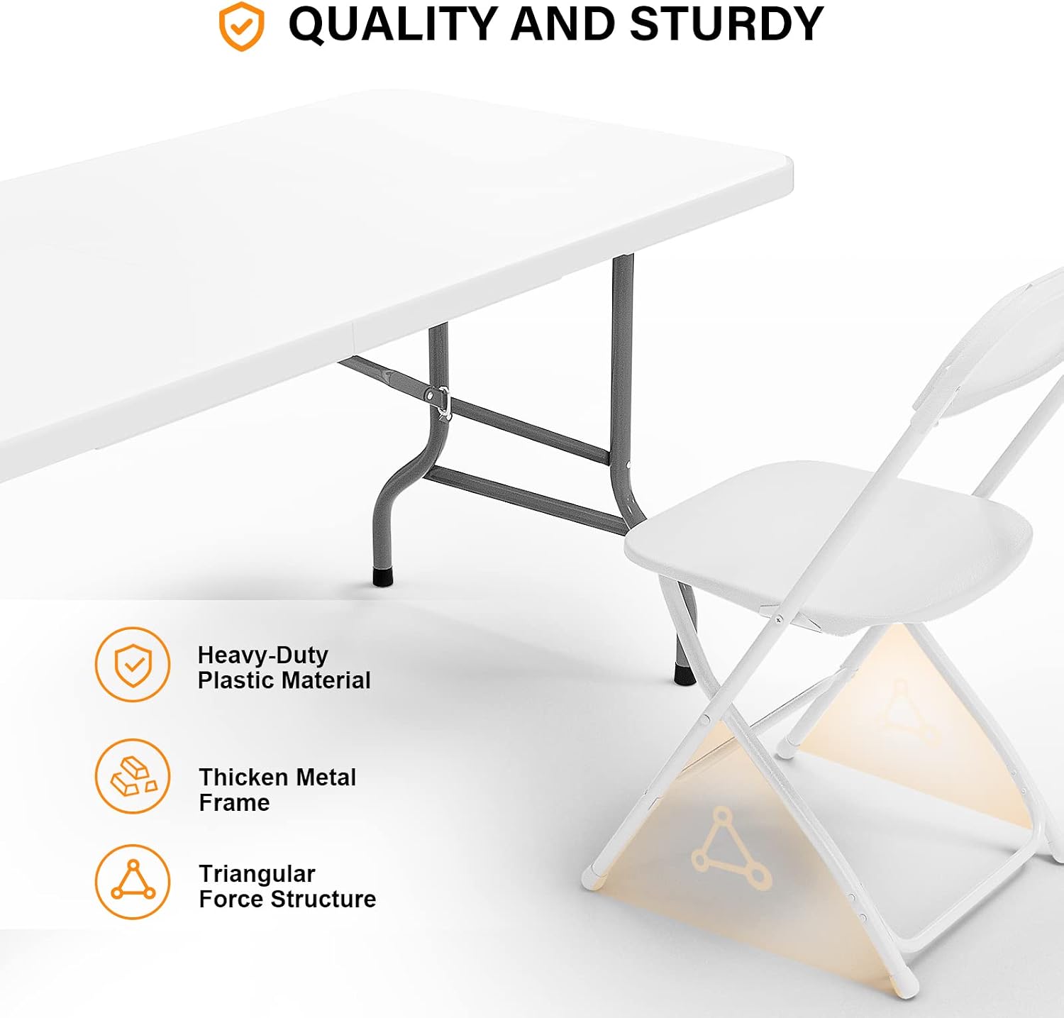 VINGLI 6 FT Plastic Folding Table Set with 8 White Folding Chairs for Picnic, Event, Training, Outdoor Activities, at Home and Commercial Use
