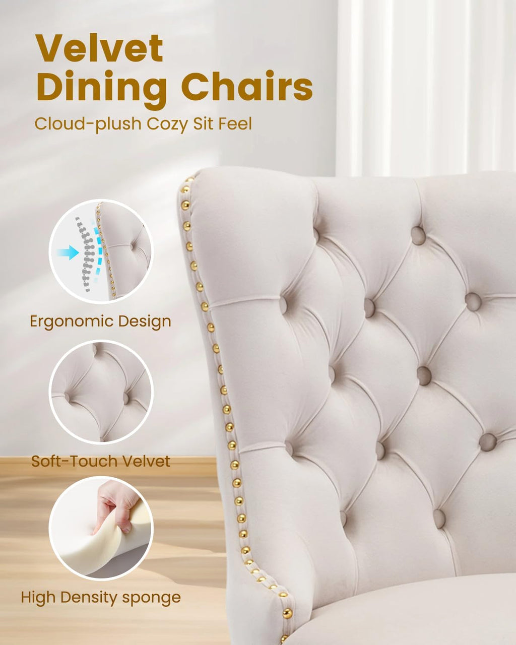 47.2' Round Glass Dining Table Set for 6, Modern 7 Piece Dining Room Table with 6 Velvet Accent Chairs, Tempered Glass Top with Golden Stainless Steel Legs, Round Kitchen Table Set for Home - Beige