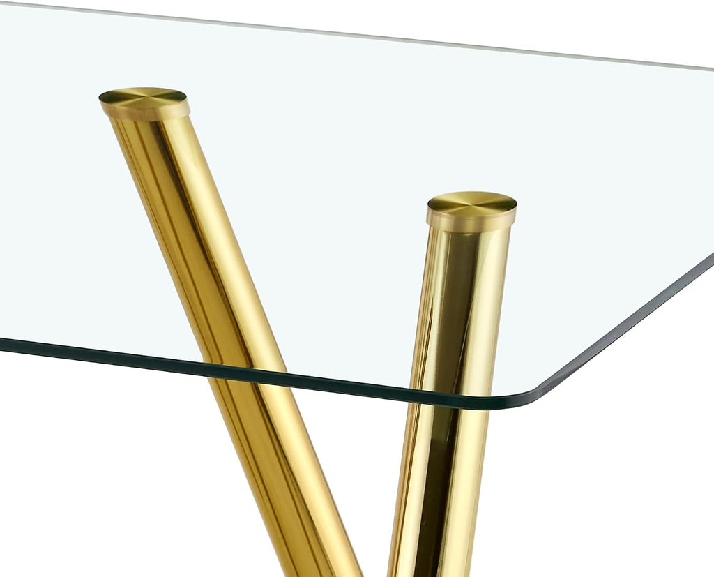 71' Glass Gold Dining Table for 4 6, Modern Kitchen Dining Room Table with 0.39' Thick Tempered Glass Tabletop and Metal Legs, Large Rectangle Dinner Tables for Home Kitchen Living Room