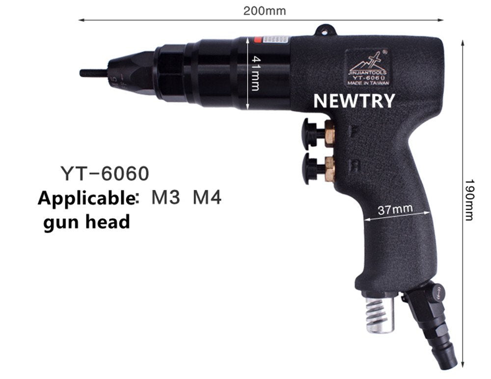 NEWTRY 1300rpm Air Rivet Nut Gun Pneumatic Riveter Riveting Tool Kit with Self-locking Head for 1/8, 5/32 Nut (6060 gun with M3,M4 head)
