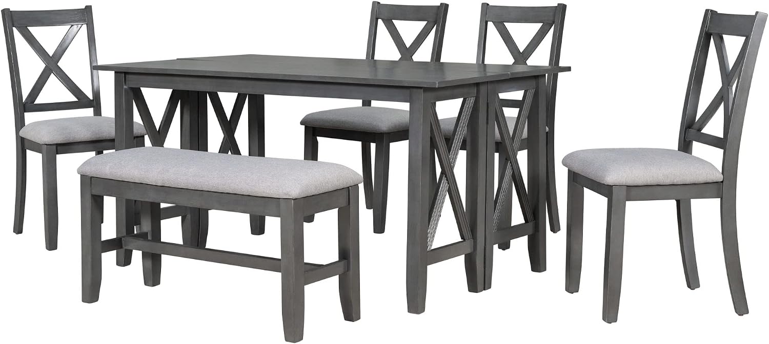 6 Pieces Dining Table Set, Wood Rectangle Table and 4 Chairs with Bench with Cushion, Kitchen Table Chairs Set for 6 Persons (Gray)