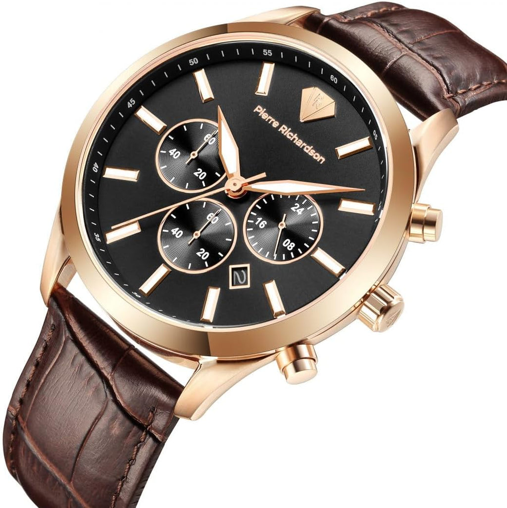 PIERRE RICHARDSON Men's Luxury Watch PR2320 – Silver Stainless Steel Quartz, 44mm, 5ATM Water Resistant, Scratch-Resistant Sapphire Crystal Glass