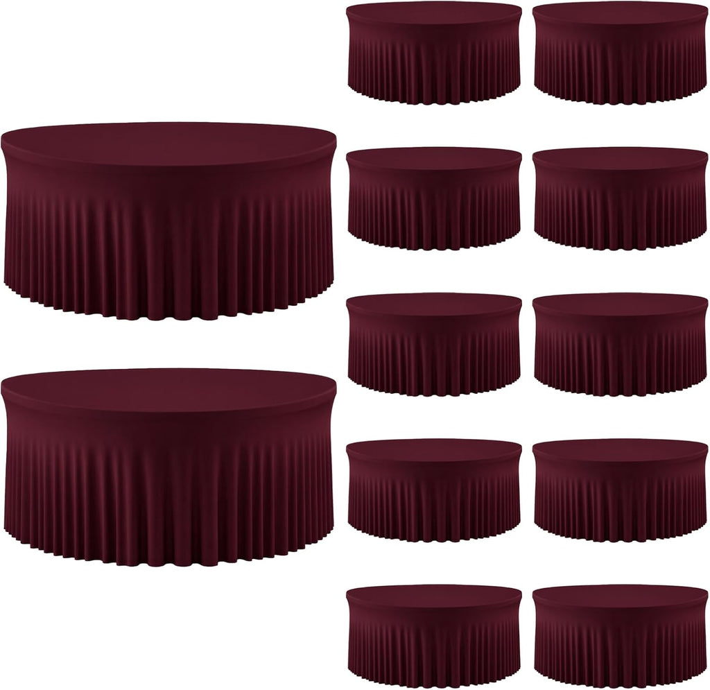 12 Pack Burgundy Round Tablecloth with Skirt, 60 Inch Elastic Fitted Table Cover for 5FT Tables, Wrinkle-Resistant & Washable Snug Fit for Christmas, Thanksgiving, Holiday Dinners & Parties