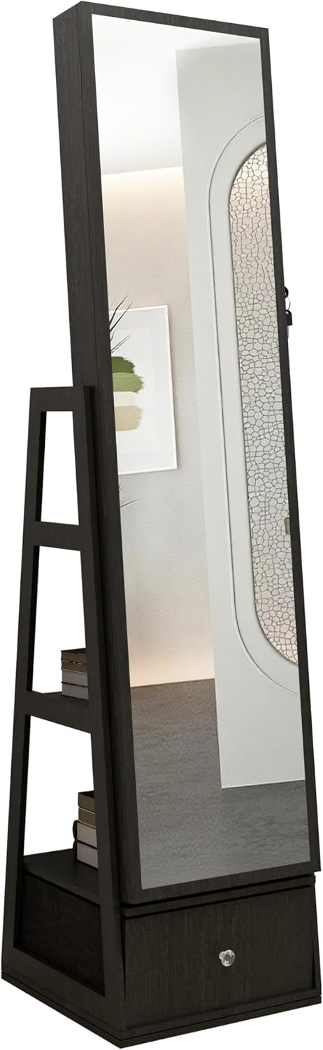 65' 360° Swivel Freestanding Storage Chest, Jewelry Cabinets with Interior Light, Utility Organizer with Lock for Home, Black