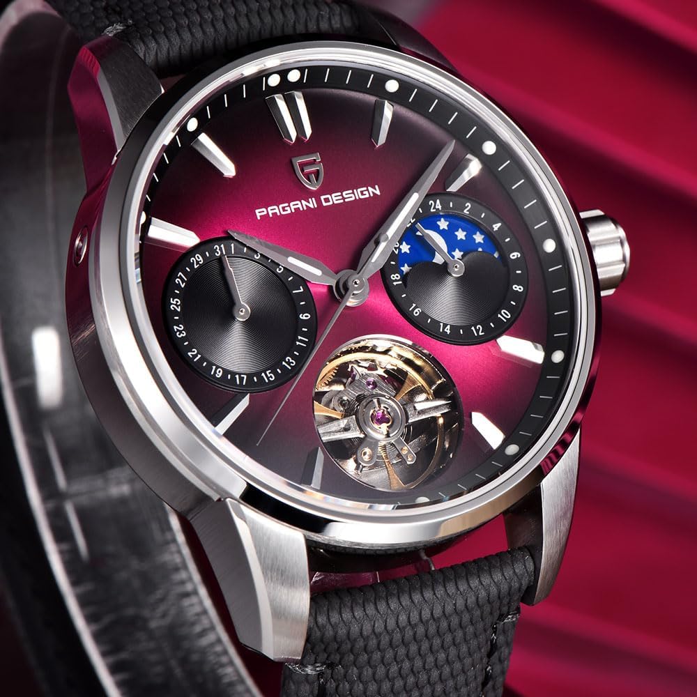 Pagani Design Luxury Men's Automatic Watch Skeleton Tourbillon Moon Phase Stainless Steel 100m Waterproof Leather Strap Men's Mechanical Watch