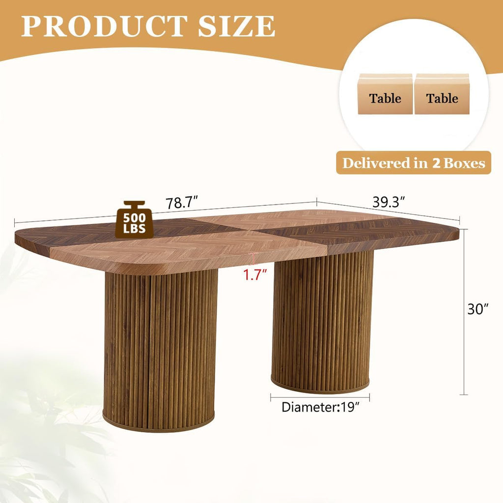 78.7' Extra Long Dining Table for 6-10 People, Farmhouse Kitchen Table with Cylindrical Fluted Bases, Modern Rectangular Dining Table for Dining Room, Kitchen, Living Room