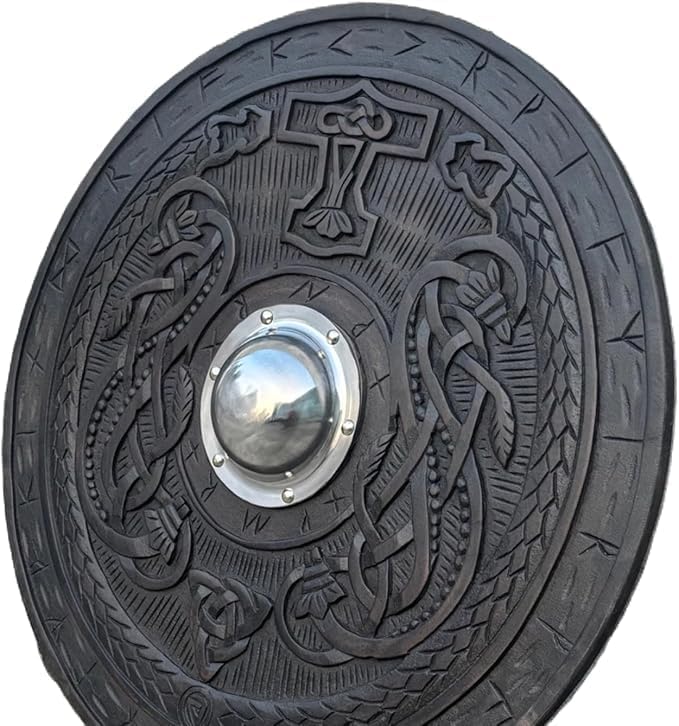 ARS NAUTICAL'Viking Shield Wall Decor with Norse Runes and Intricate Dragon Carvings – Authentic Scandinavian Medieval Style Home Accent