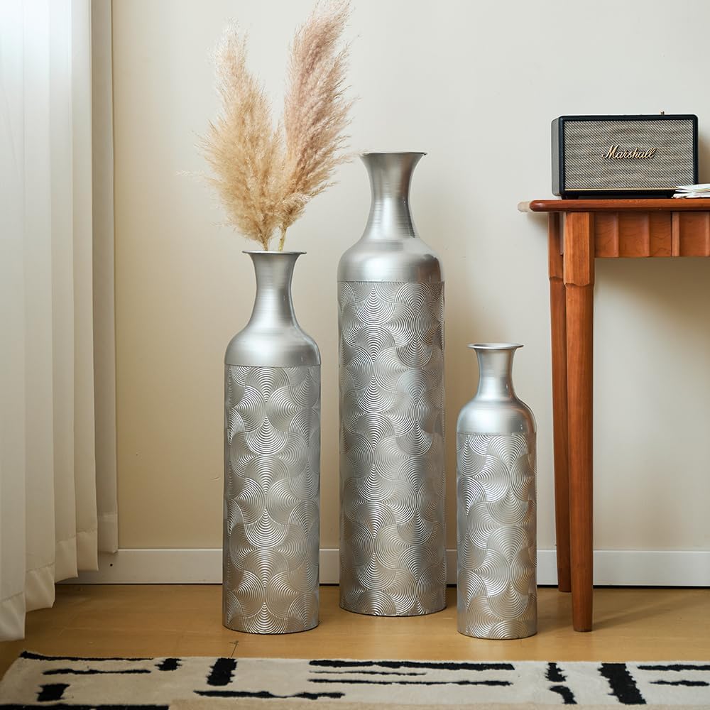 Floor Metal Decorated Vases Set of 3 for Gorgeous Home Decoration Large Glazed Metal Vases (Silver)