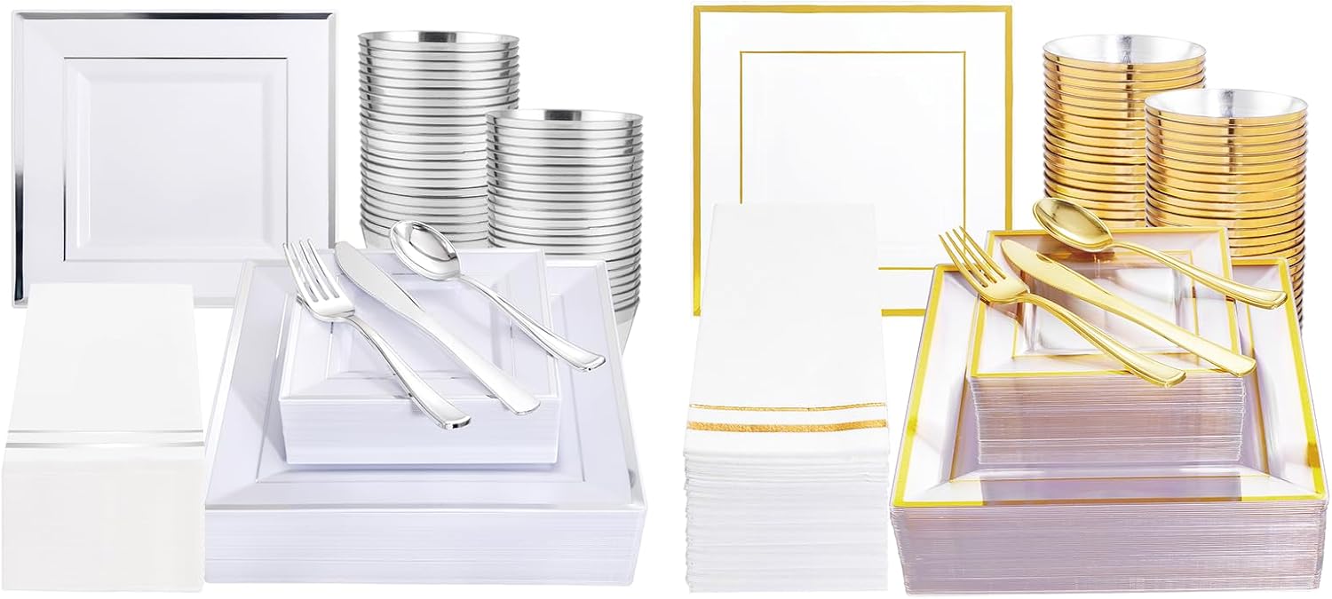 Festiva 350Pcs Silver Plates &350Pcs Clear Plastic Plates with Gold Trim