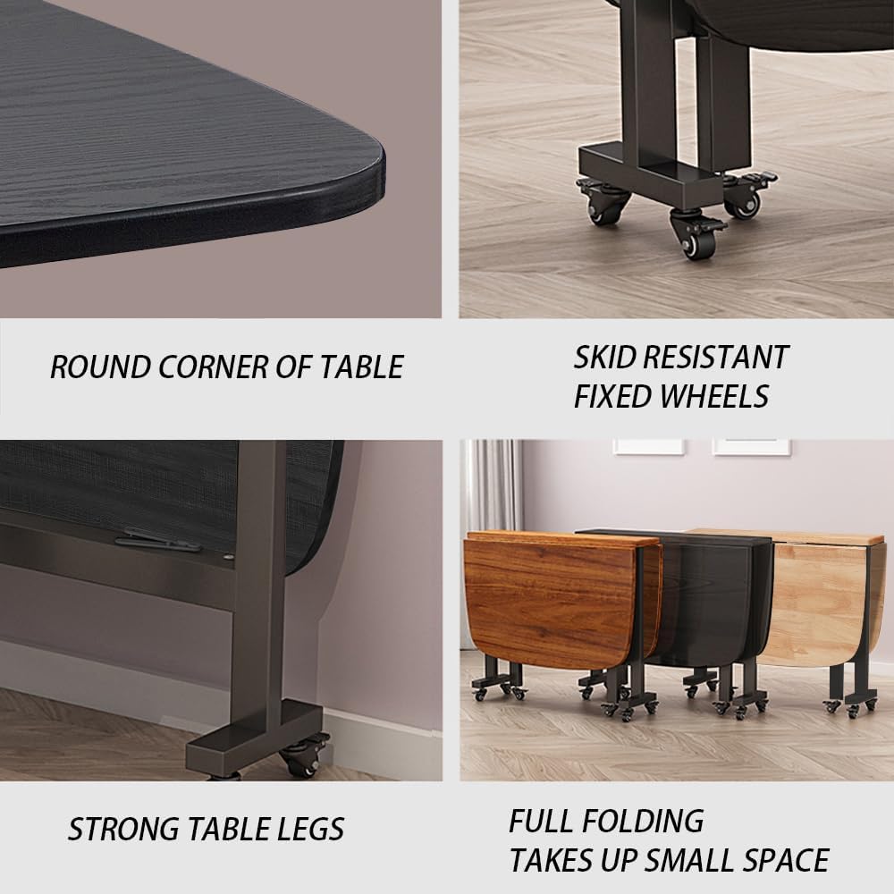 Multifunction Table Drop Leaf Dining Table - 47' Wooden Foldable Kitchen Table with 6 Wheels (Black)