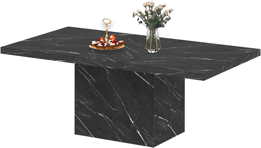 HSH Black Faux Marble Dining Table, 63 inch Modern Dinner Table for 6 Person, Farmhouse Rectanglur Kitchen Table for Living Room, Long Wood Dining Room Tables with strong Pedestal, Black Marble, 63 In