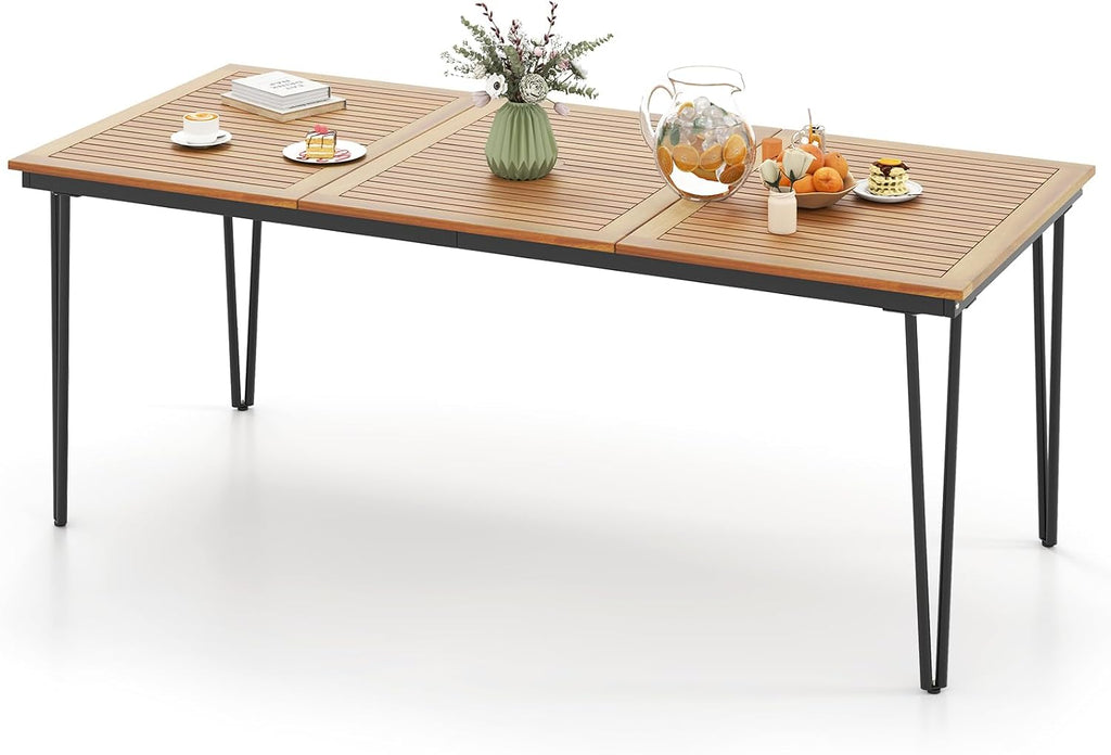 HAPPYGRILL Patio Dining Table for 8, 79' Rectangle Table with Acacia Wood Tabletop & Heavy Duty Metal Frame, Outdoor Dining Table with 2' Umbrella Hole for Backyard, Lawn & Garden