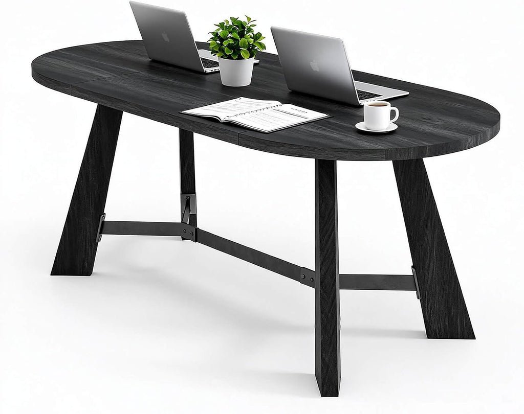 6FT Oval Conference Table, Rustic Black 70.86' W Meeting Table Fit 6-8 People, Modern Seminar Table Boardroom Desk for Office Meeting Conference Room