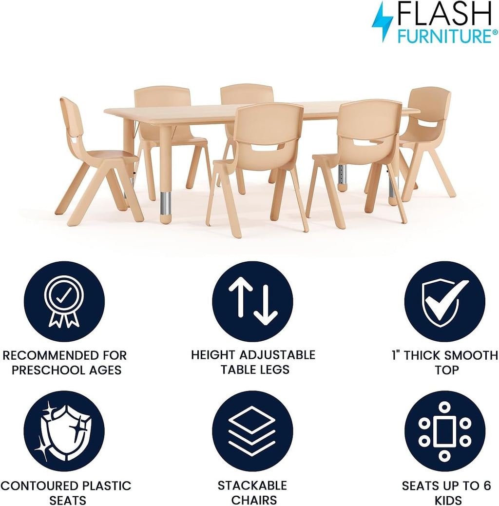 Flash Furniture Emmy Adjustable Classroom Activity Table with 6 Stackable Chairs, Plastic Activity Table for Kids, 23.625' W x 47.25' L, Natural