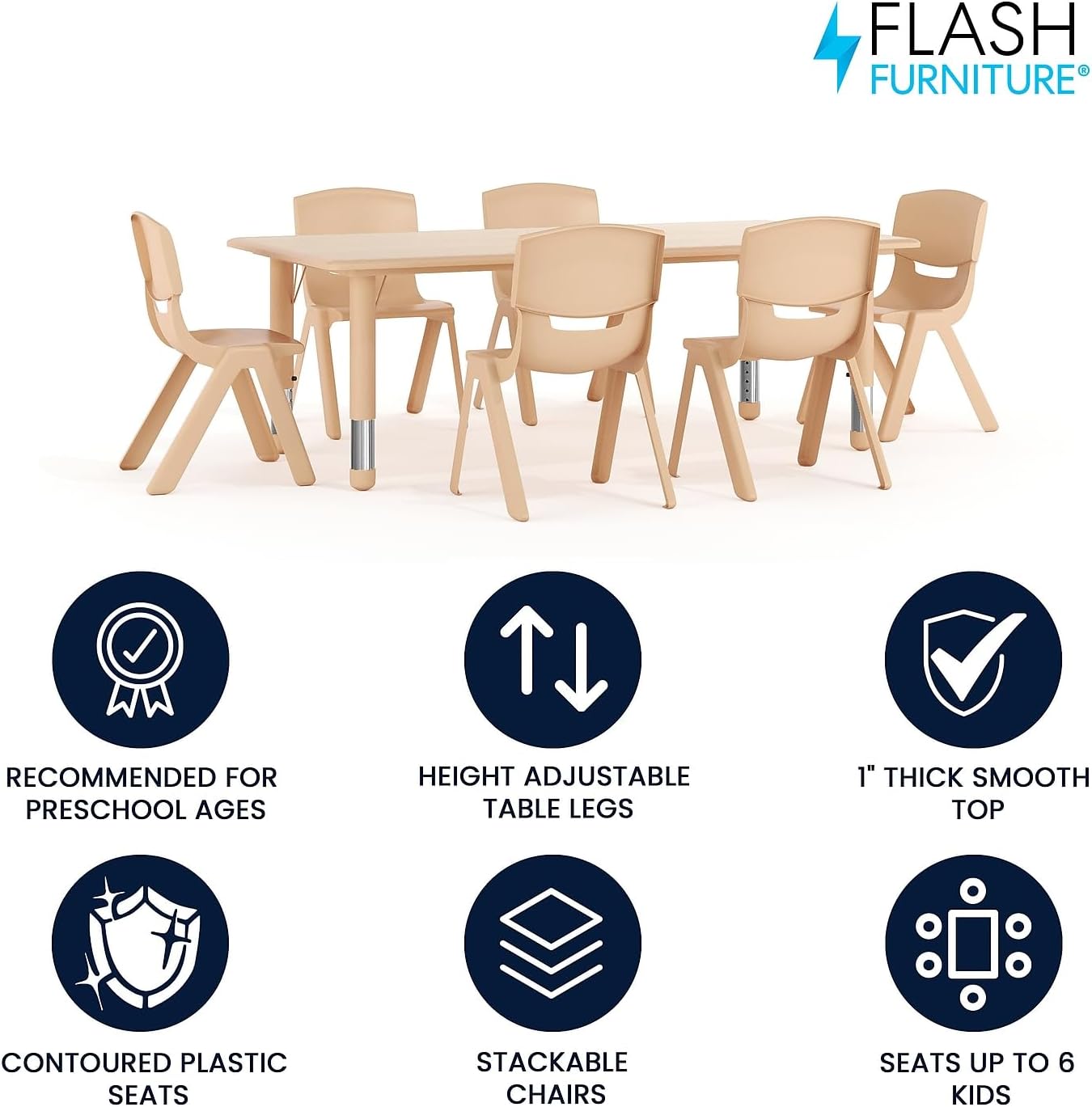Flash Furniture Emmy Adjustable Classroom Activity Table with 6 Stackable Chairs, Plastic Activity Table for Kids, 23.625' W x 47.25' L, Natural