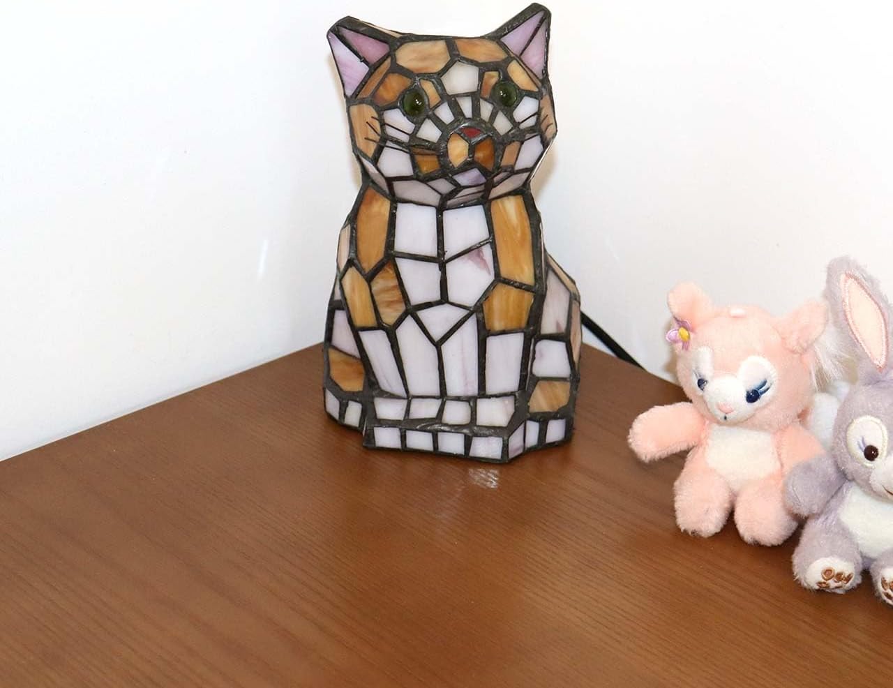 Bieye L10211 Cute Cat Waits for Someone to Play with Tiffany Style Stained Glass Accent Table Lamp Night Light for Home Decoration (One Cat, Yellow)