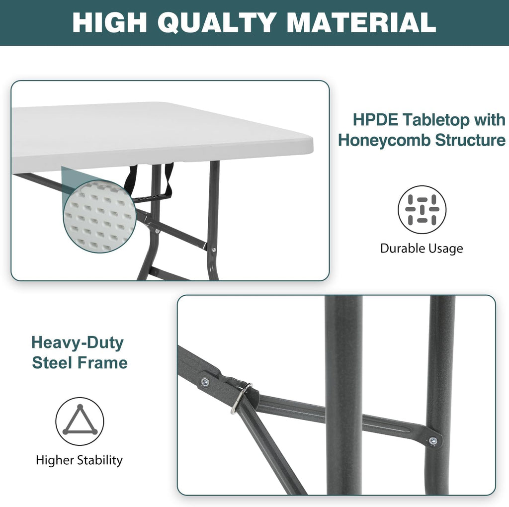 FDW 6 Foot Outdoor Dining Table, Foldable Portable Rectangular Plastic Folding Table with Built in Carrying Handle for Party and Wedding Use, White