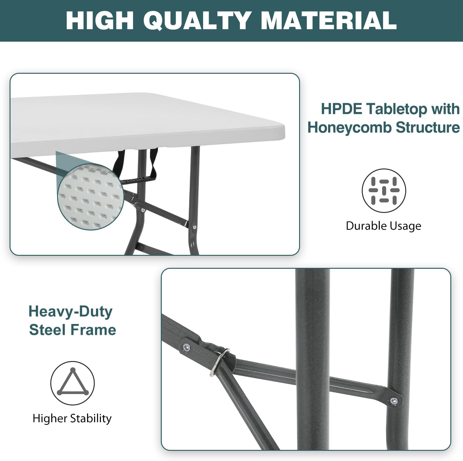FDW 6 Foot Outdoor Dining Table, Foldable Portable Rectangular Plastic Folding Table with Built in Carrying Handle for Party and Wedding Use, White