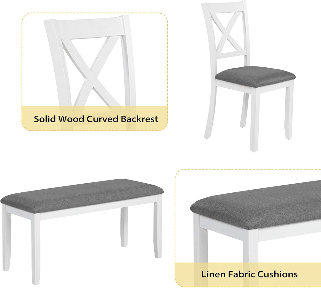 Zevemomo 6-Piece Solid Wood Dining Table Set, Including 1 Dining Table, 4 Upholstered Chairs and 1 Bench, Wooden Legs Dining Table Set for Dining Room, Kitchen, Restaurant, White