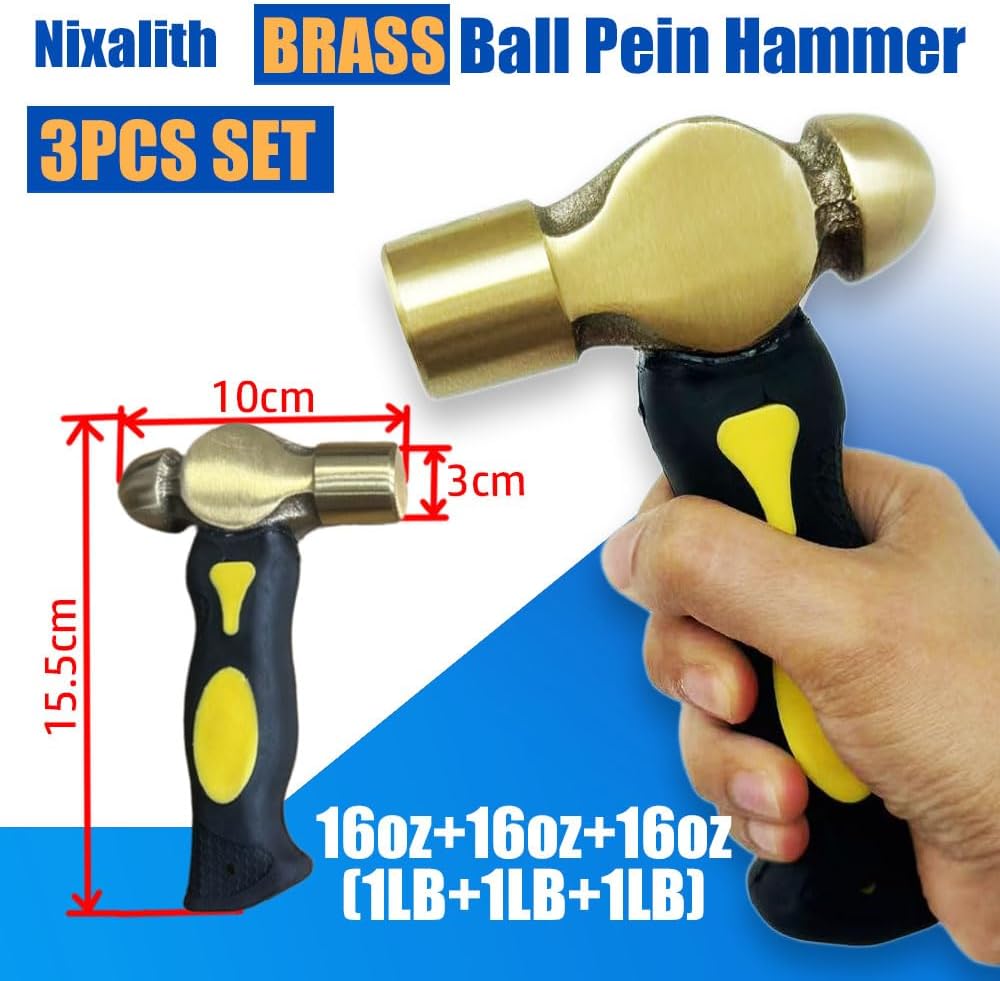 Nixalith 3PCS Brass Stubby Hammer Set, 16oz Brass Ball Pein Hammer, Stubby Ball Peen Mallet,Length 15.5cm,Good for Jewelry Making, Ideal for Home, Auto Repair, Carpentry and Crafting