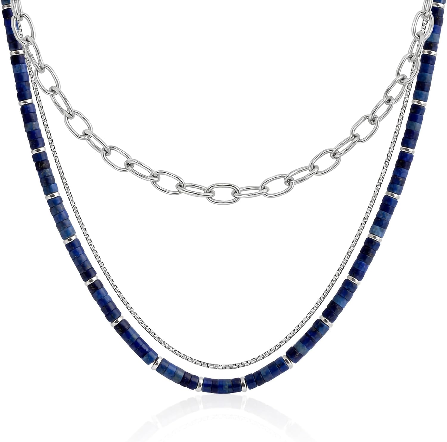 JEAN RACHEL JEWELRY Men's 3-Piece Necklace Layering Set - Hammered Link Chain, Box Chain & Lapis Lazuli Beads - Royal Blue Bundle