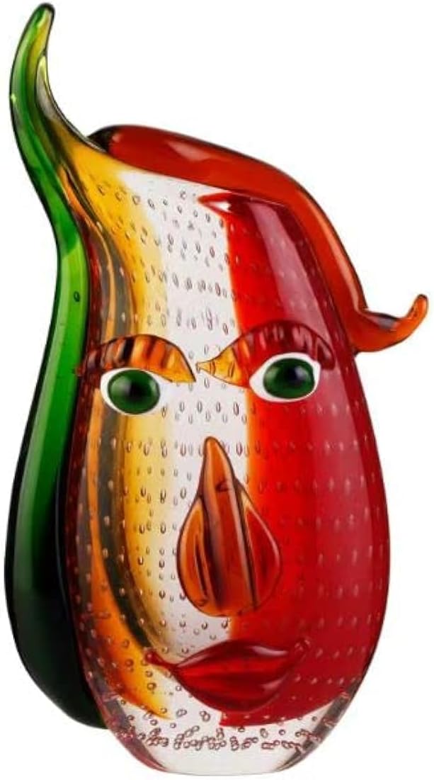 Yao Yuan Murano-Style Art Glass Vase with a Face - 12.6' Tall Mouth-Blown Artistic Sculpture with Vibrant Colors & Accents - Rich Colored Home Décor