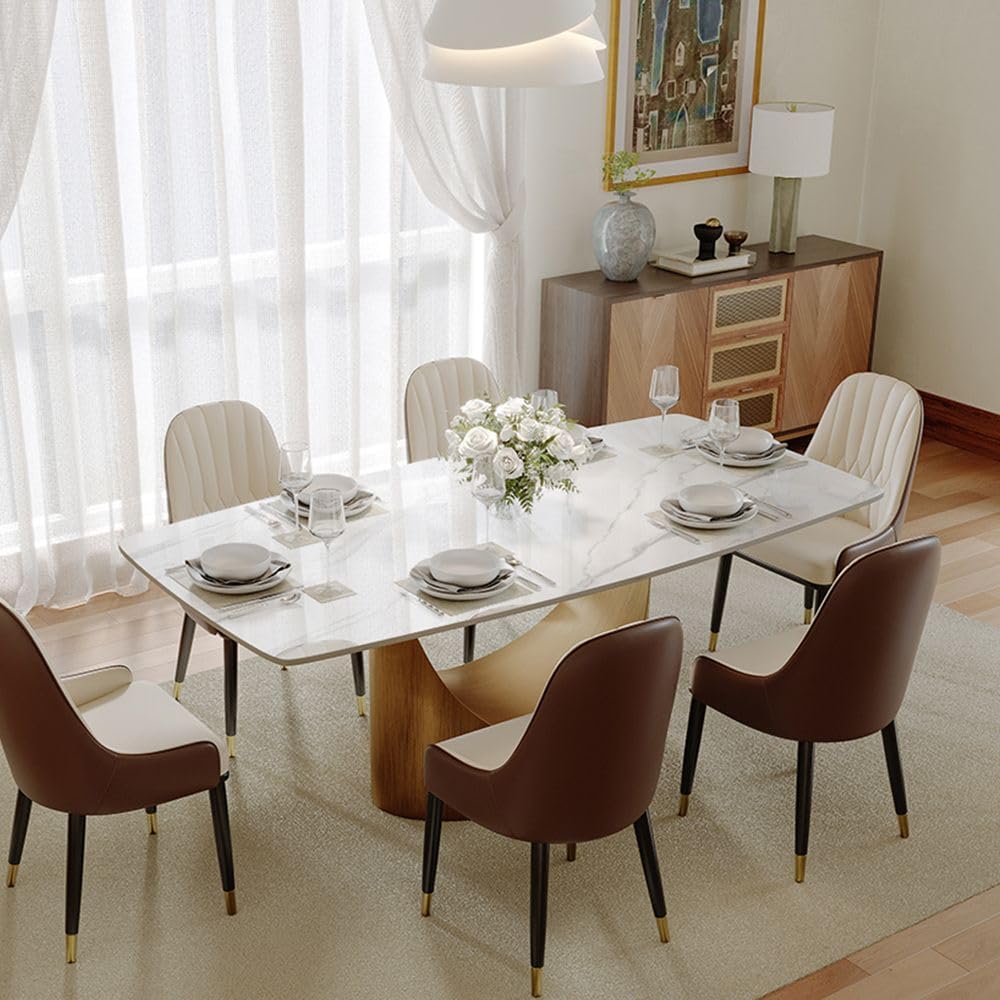 POVISON 71' Hobart Modern Rectangular Dining Table for 6, Glossy White Sintered Stone Tabletop with Bronze Carbon Steel Pedestal for Dining Room (Table Only
