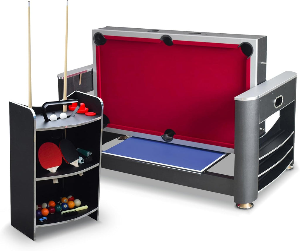 Hathaway Triple Threat Multi Game Table – Space-Saving Rotating Playfield for 6ft Pool Table, Air Hockey Table, & Table Tennis - 3 in 1 Game Table with Complete Accessories & Display Rack