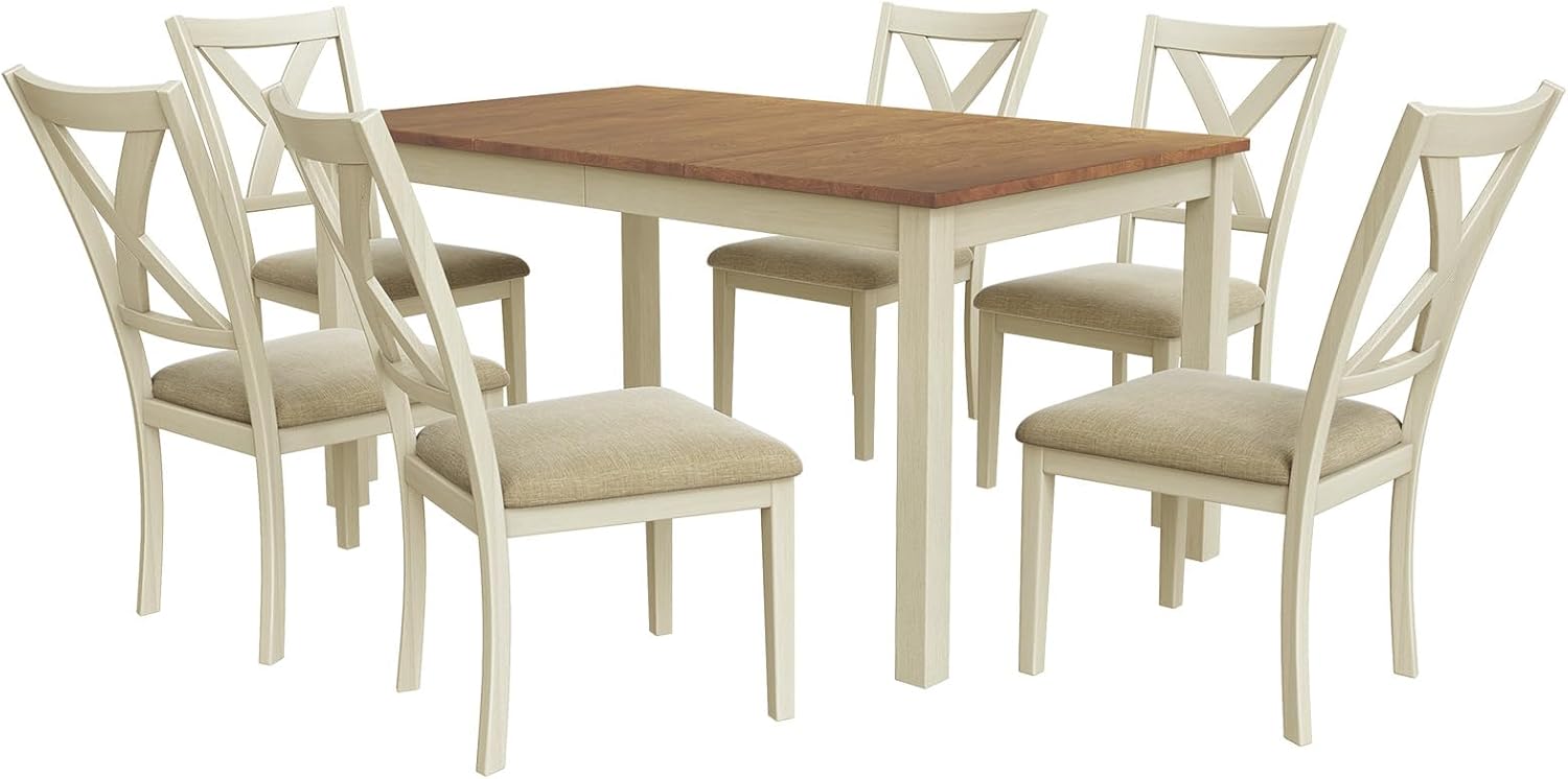LUXOAK 7-Piece Solid Wood Dining Table Set, 60' Farmhouse Dining Table with 6 Chairs, Rectangular Table Set for 6, Kitchen & Dining Room Furniture, Distressed Cream